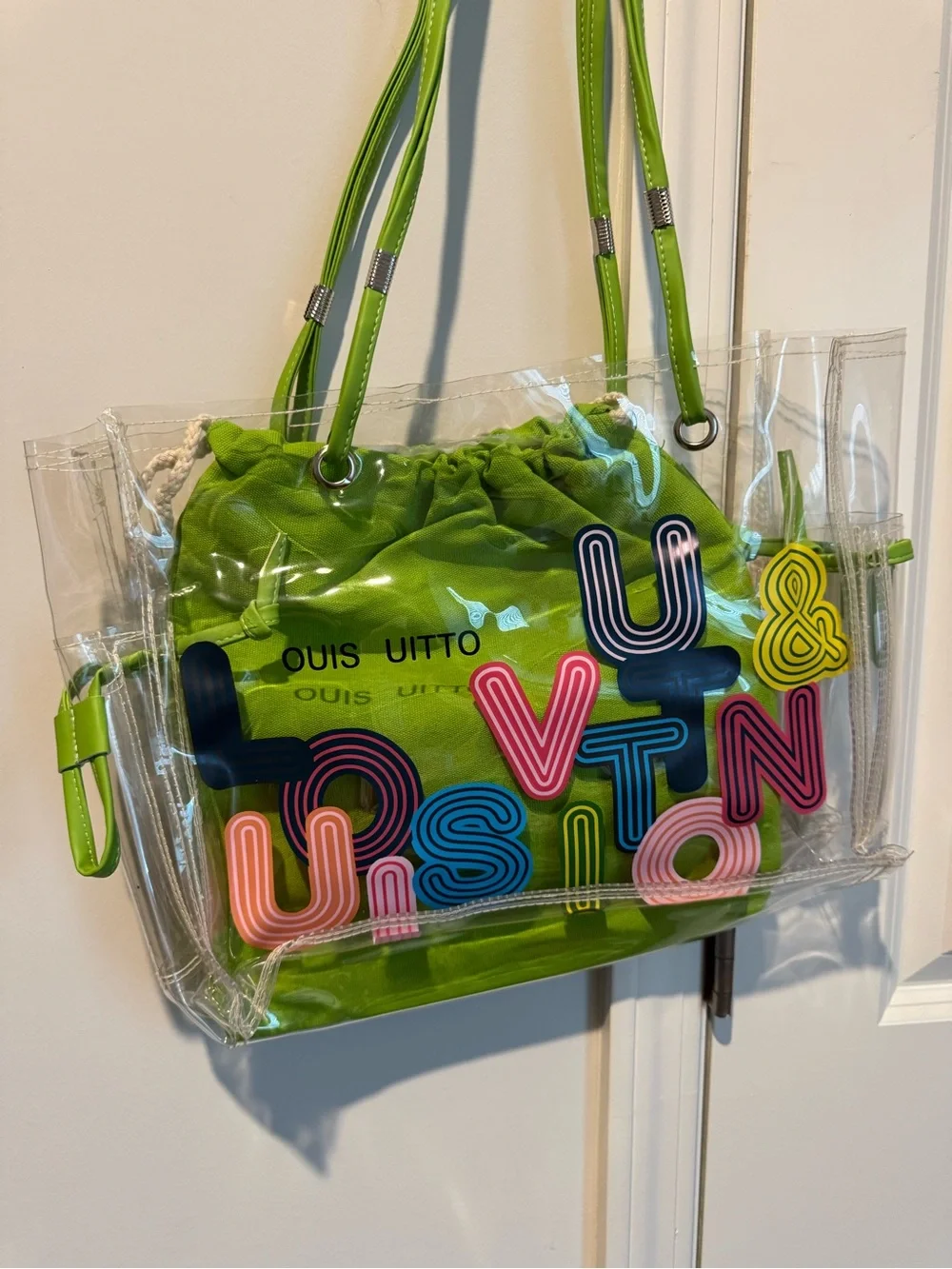 Clear Tote with Lime Green Inner Pouch and Multicolor Logo